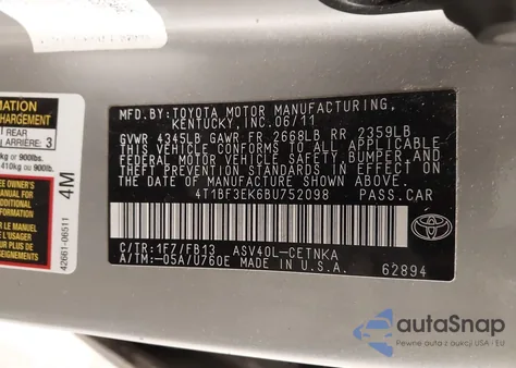 2011 Toyota Camry Le from USA, damaged, VIN 4T1BF3EK6BU752098